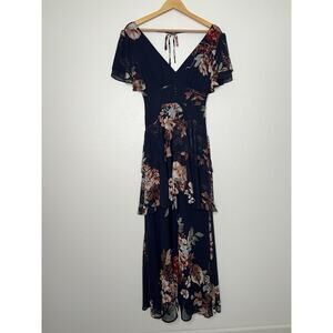 NWT Lulus Midnight Mood Navy Blue Floral Printed Tiered Maxi Dress Size XS Boho